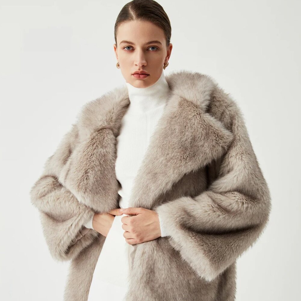 Commense Oversized Collared Faux Fur Coat - Camel/Tan/Beige